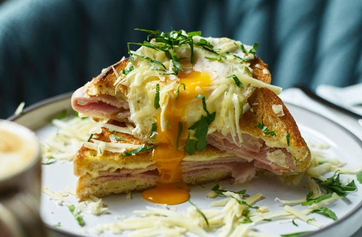 A Croque Madame toastie with a fried egg on top