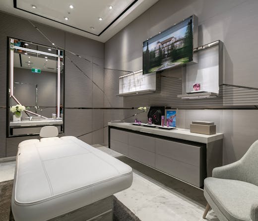 The sleek modern treatment rooms at La Prairie Art of Beauty Lounge at Sydney International Airport. 