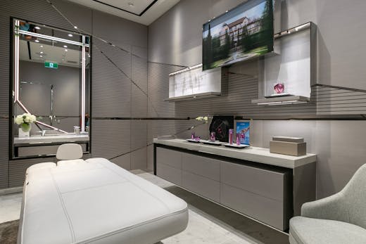 The sleek modern treatment rooms at La Prairie Art of Beauty Lounge at Sydney International Airport.