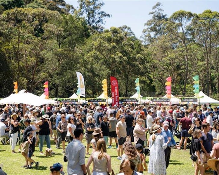 A wide shot view of an outdoor event with plenty of market stalls and coloured flags with food and drink labels on them. A large crowd of people of all ages peruses through the area.