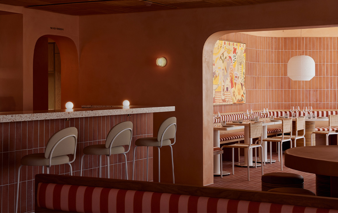 interior of a terracotta coloured restaurant 
