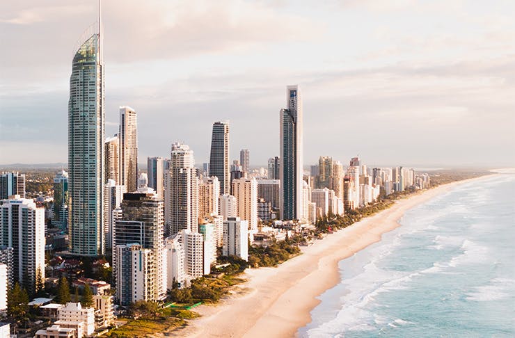 an aerial shot of the surfers skyline