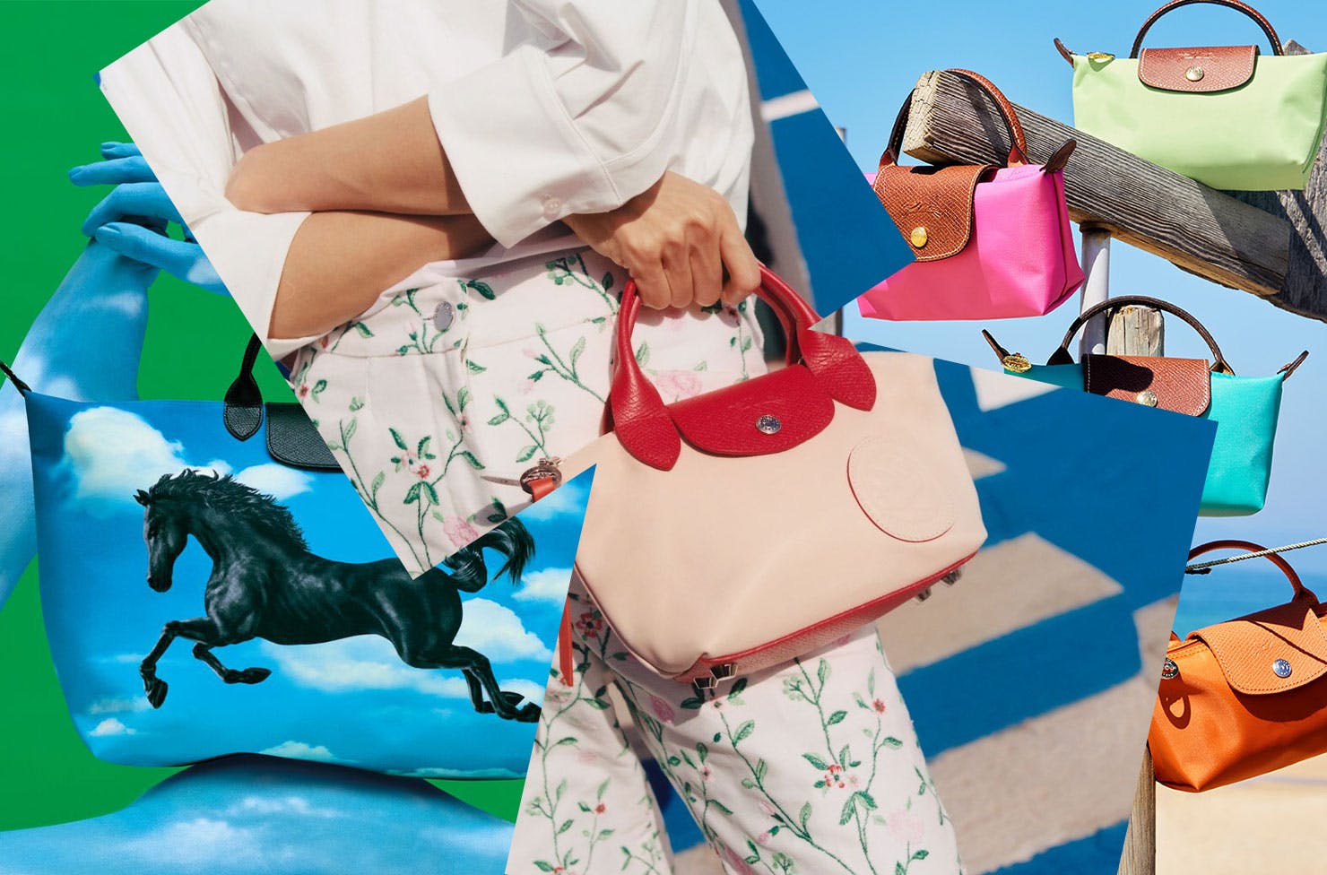 A collage of Longchamp Le Pliage Bags
