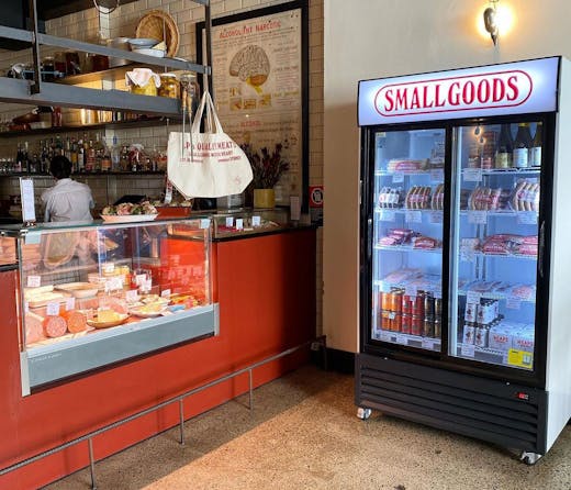 The cabinet and smallgoods fridge at LP's Quality Meats butcher in Chippendale, Sydney. 