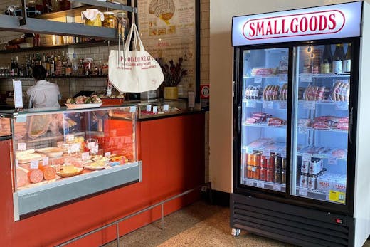 The cabinet and smallgoods fridge at LP's Quality Meats butcher in Chippendale, Sydney.
