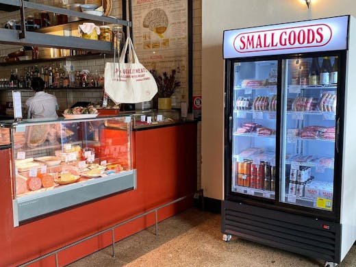 The cabinet and smallgoods fridge at LP's Quality Meats butcher in Chippendale, Sydney. 