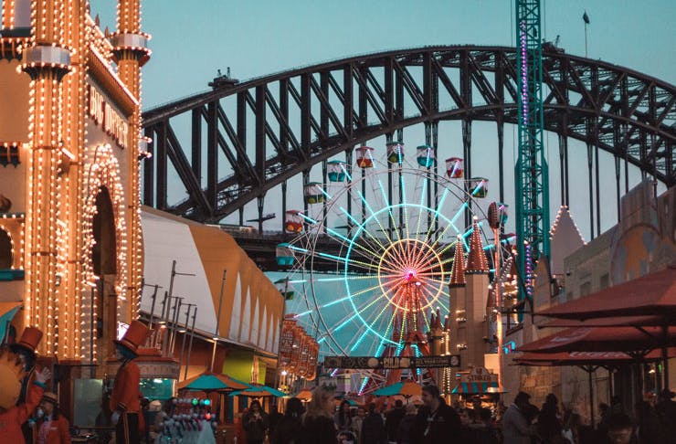 A view down the main street of Luna Park, Sydney. You can see the Harbour Bridge in the background. 