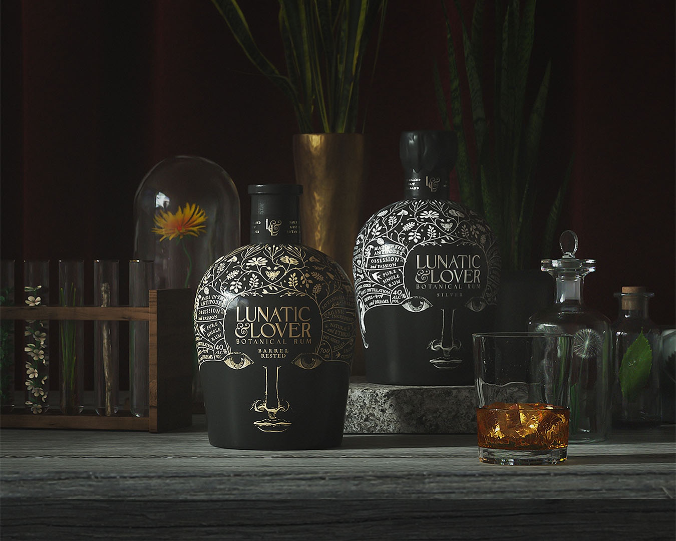 Two dark head-shaped bottles of rum on a moody, tropical background. 