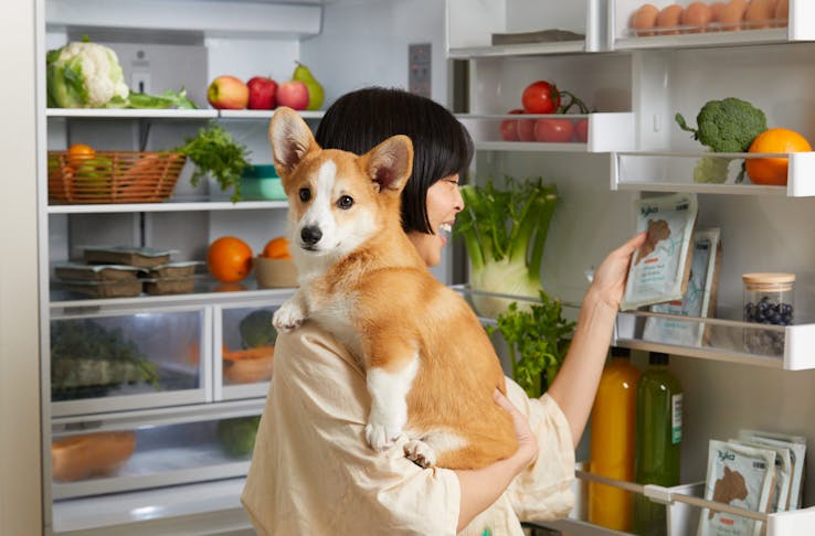 A woman holding her dog opening a fridge to get packets of Lyka fresh food for dogs. 