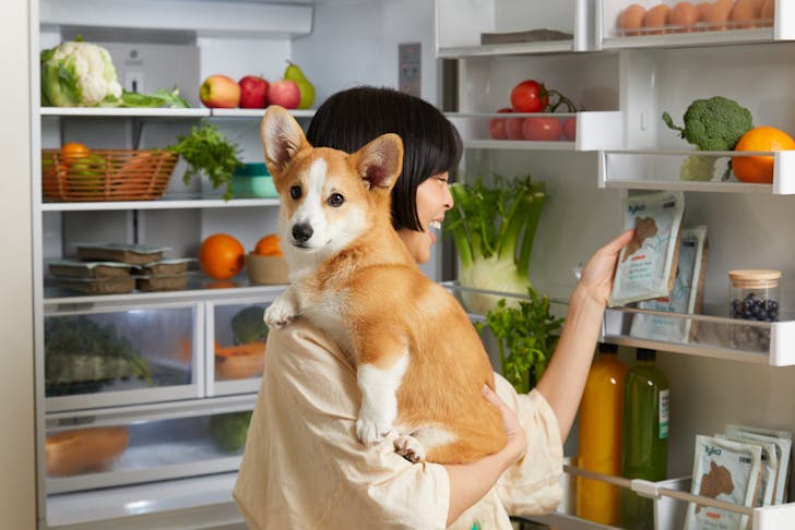 A woman holding her dog opening a fridge to get packets of Lyka fresh food for dogs. 