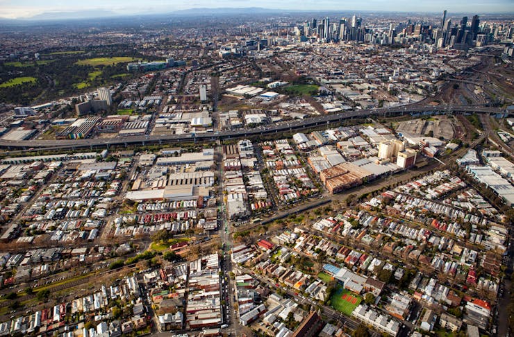 An aerial view of Melbourne with the upcoming Macaulay precinct at the bottom.