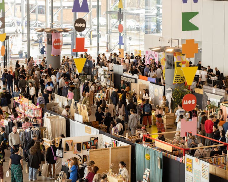 A bird's eye view of the Makers and Shakers market in Sydney, an array of stalls in the White Bay Terminal