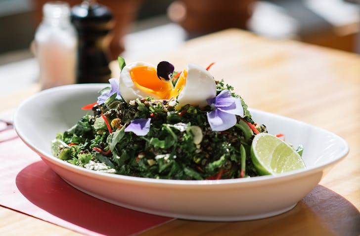 A plate/bowl full of sautÃ©ed greens topped with a poached egg cut in half from Mammoth