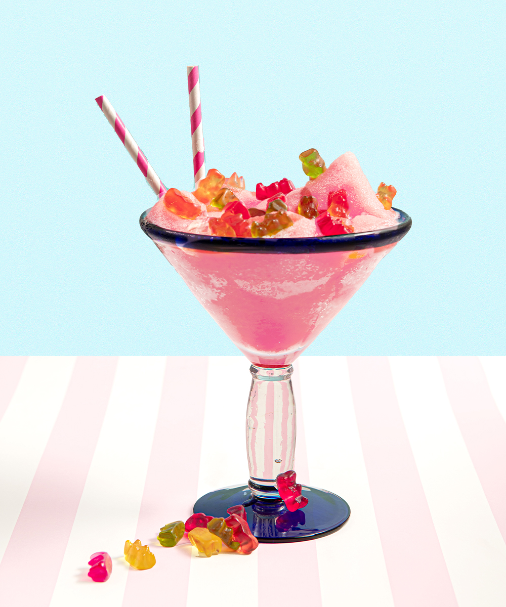 a margarita topped with gummy bears 