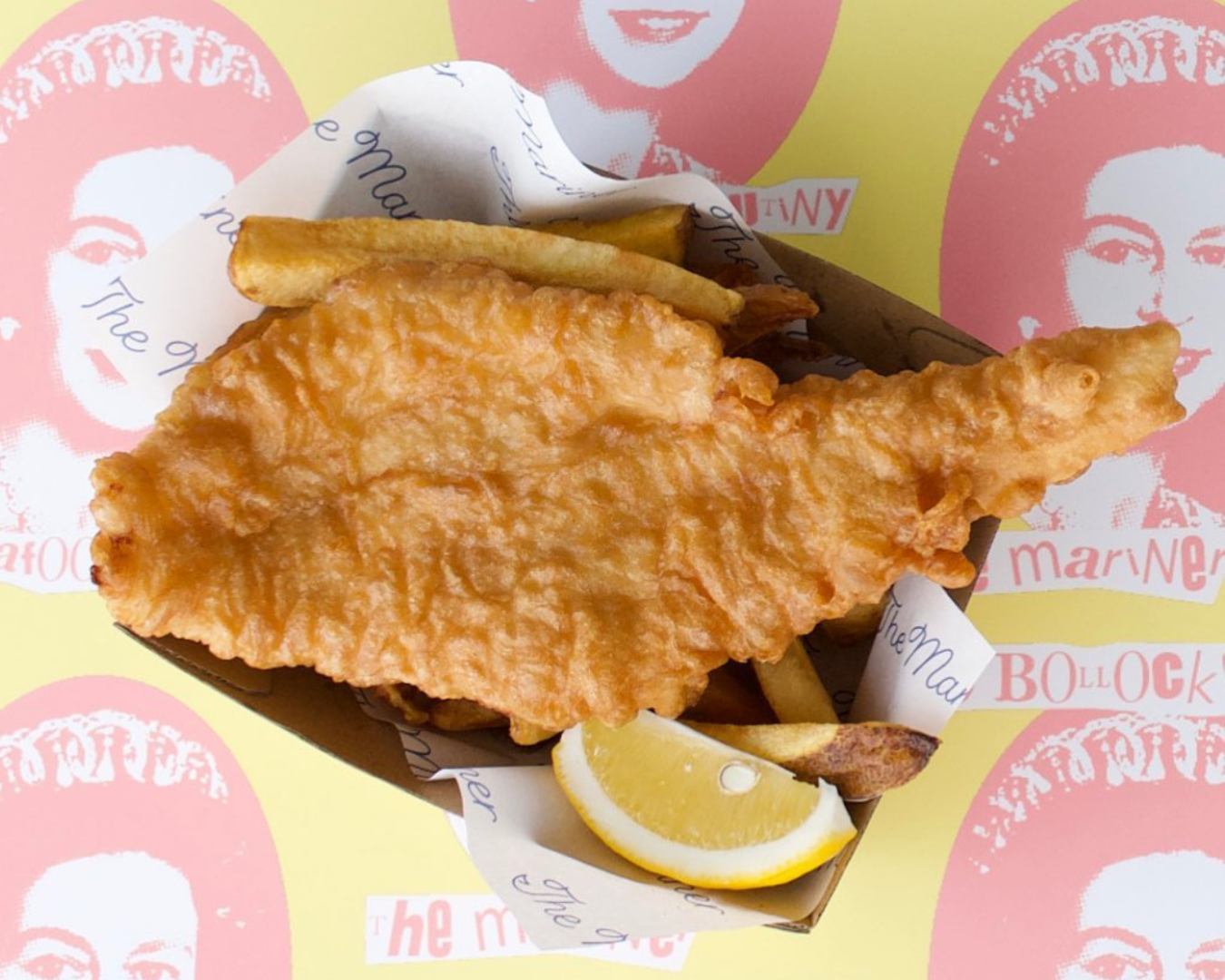 A box of perfectly battered fish and crispy chips looks delicious at The Mariner in Mt Eden