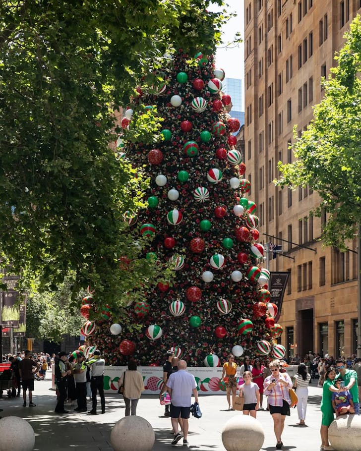 Christmas tree in Martin Place, decorated in red and green baubles.