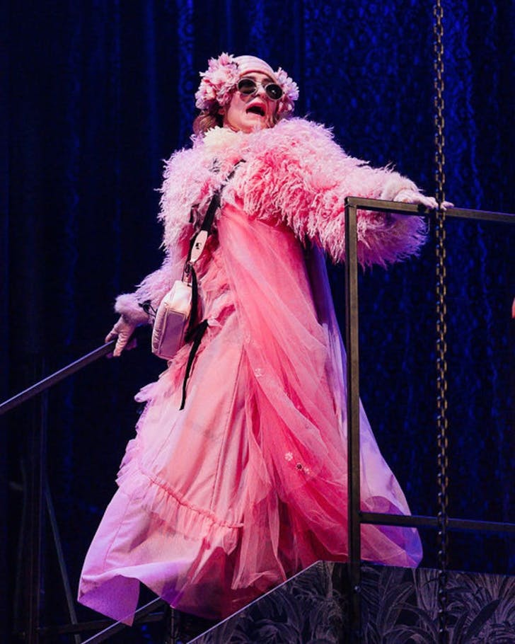 An ostentatiously dressed cast member of MARY, in pink, seems to shriek from an elevated position.
