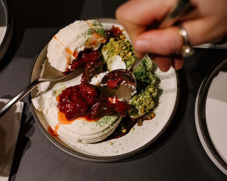 We attack a matcha-stuffed pavlova at truth/dare bar. 