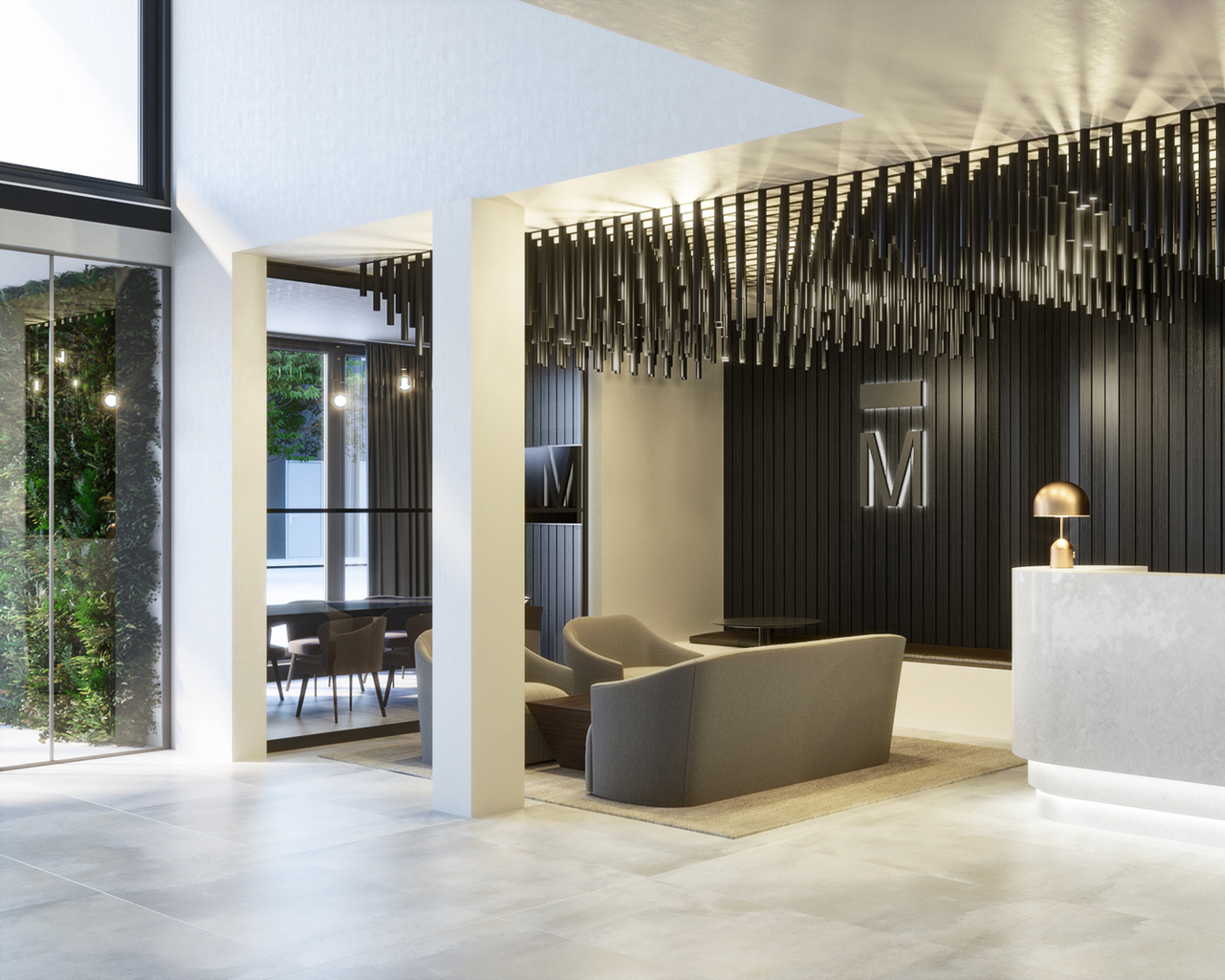 The brand new lobby at The Mayfair is minimalistic yet luxurious, featuring sparkling lights and an entryway lined with greenery 