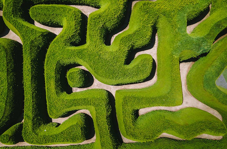 A bird's eye view of a large hedge maze.