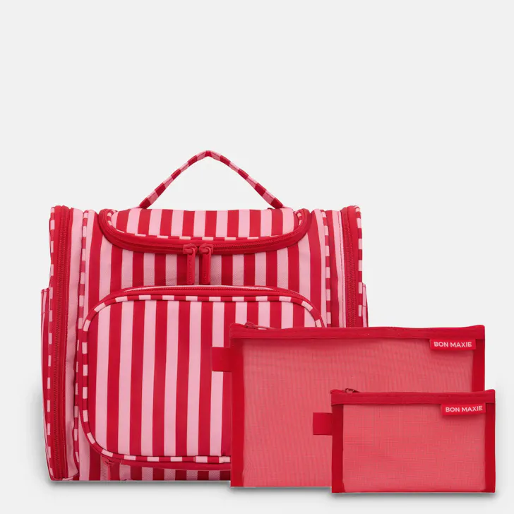 bon maxie pink and red striped mega hanging toiletry bag with mesh pouches