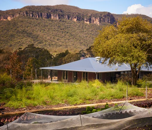 Megalong Restaurant and garden with a sandstone escarpment in the background. 