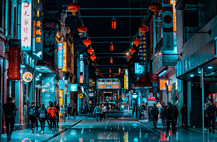 Chinatown in Melbourne CBD lit up at night.
