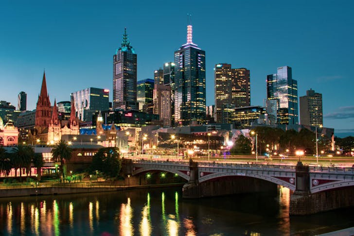 An image of Melbourne city at night. 
