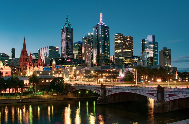An image of Melbourne city at night. 