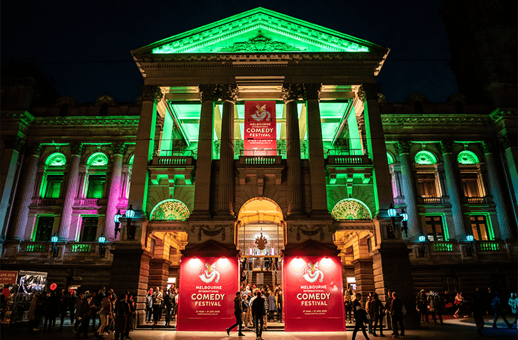 The Melbourne Town Hall lit up for the Melbourne International Comedy Festival.