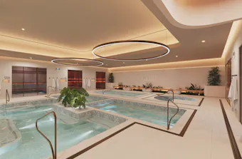 Interior rendering of Merse Wellness featuring magnesium pools, hot rock saunas, a steam room and snow room.