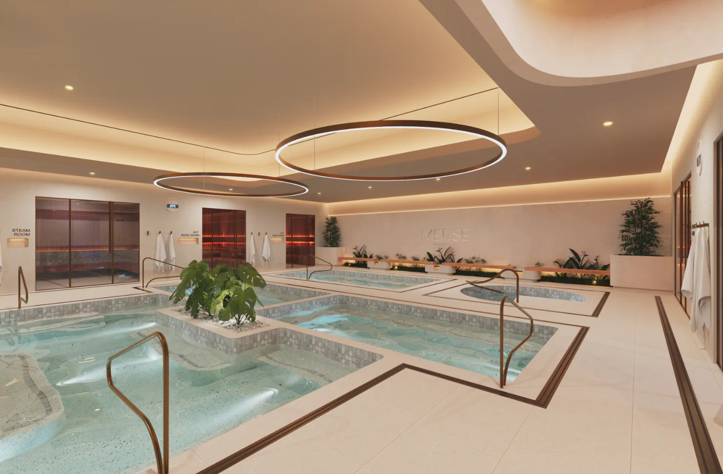 Interior rendering of Merse Wellness featuring magnesium pools, hot rock saunas, a steam room and snow room.