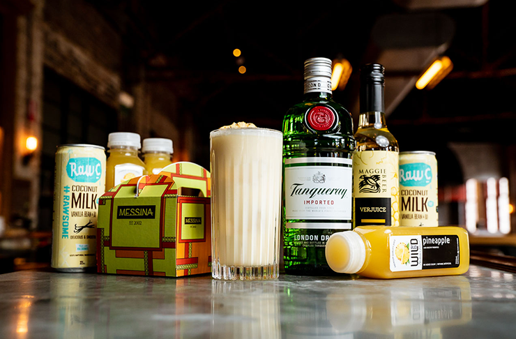 Several ingredients placed next to each other for a Piña colada.
