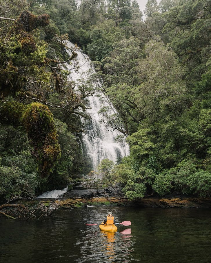 A woman kayaks through Milford Sound