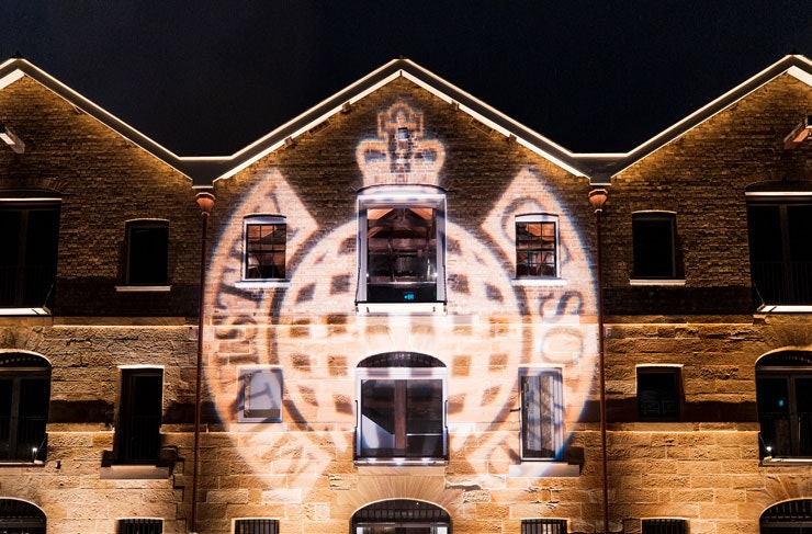 The front facade of the sandstone Campbell's Stores building in The Rocks. 