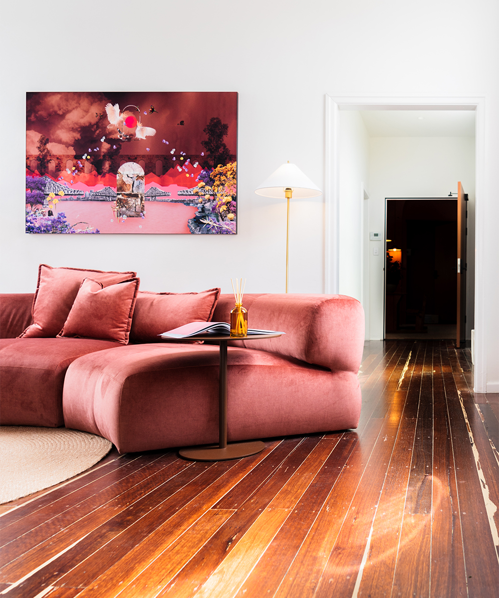 pink couch in a lounge room