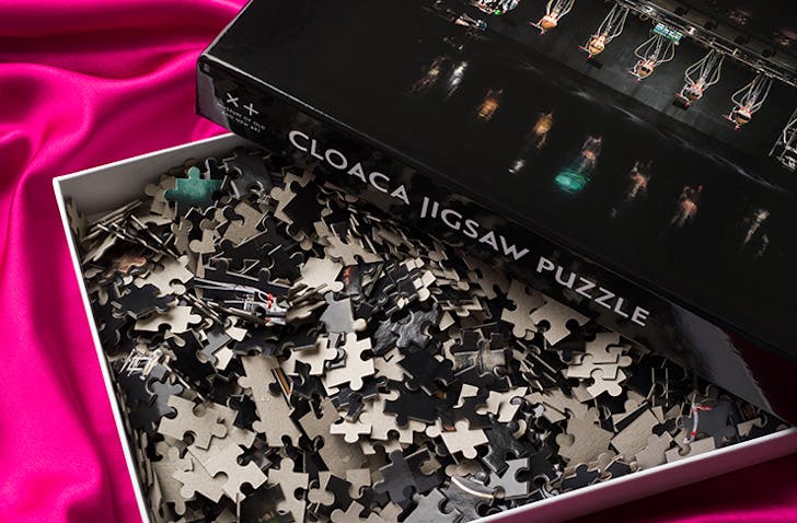 MONA's cloaca puzzle laid out on a pink velvet cloth.