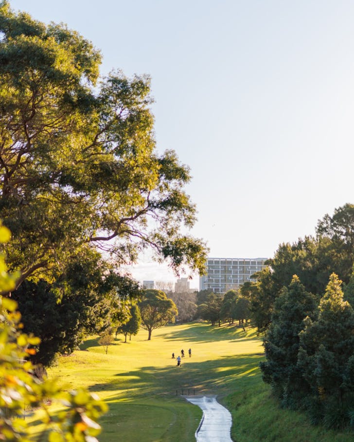 golfers walk through moore park golf course green