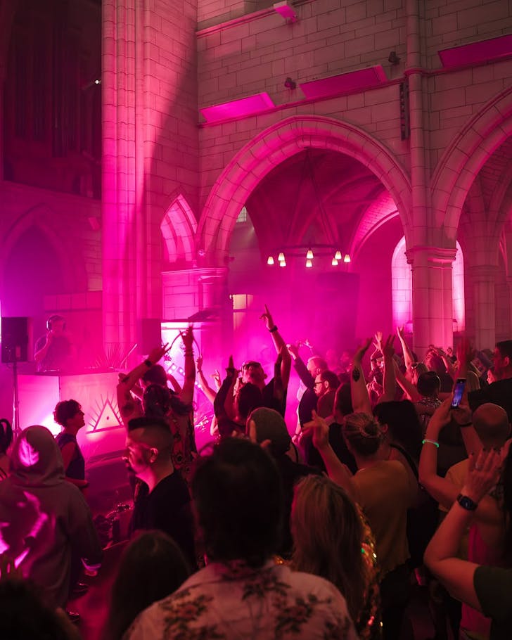 Morning ravers groove in a pink-lit and gothic St Matthew in the City.