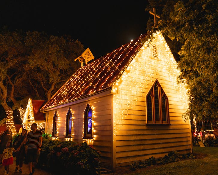 A fairy-lighted Church at MOTAT's festive lights celebration.