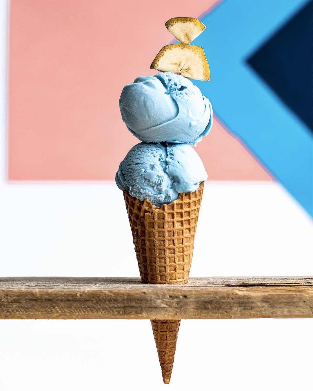 A bright blue ice cream concoction on a stand at Mount Made Ice Cream.
