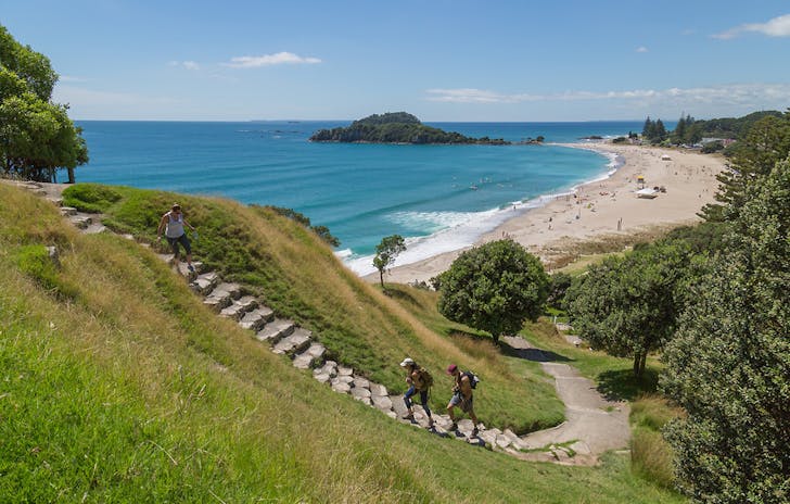 A view of Mauao and Main Beach as people go up and down the steps to the summit on a fine summer's day.
