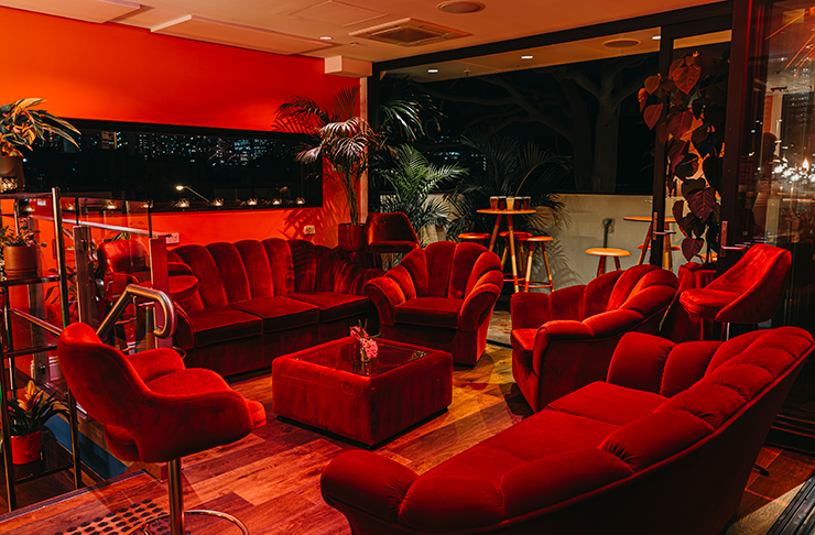 Velvet red couches surrounded by green plants in the main dining are of Mr Brownie.