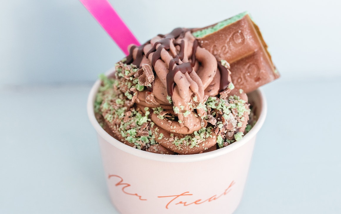 a mint and chocolate soft serve sundae
