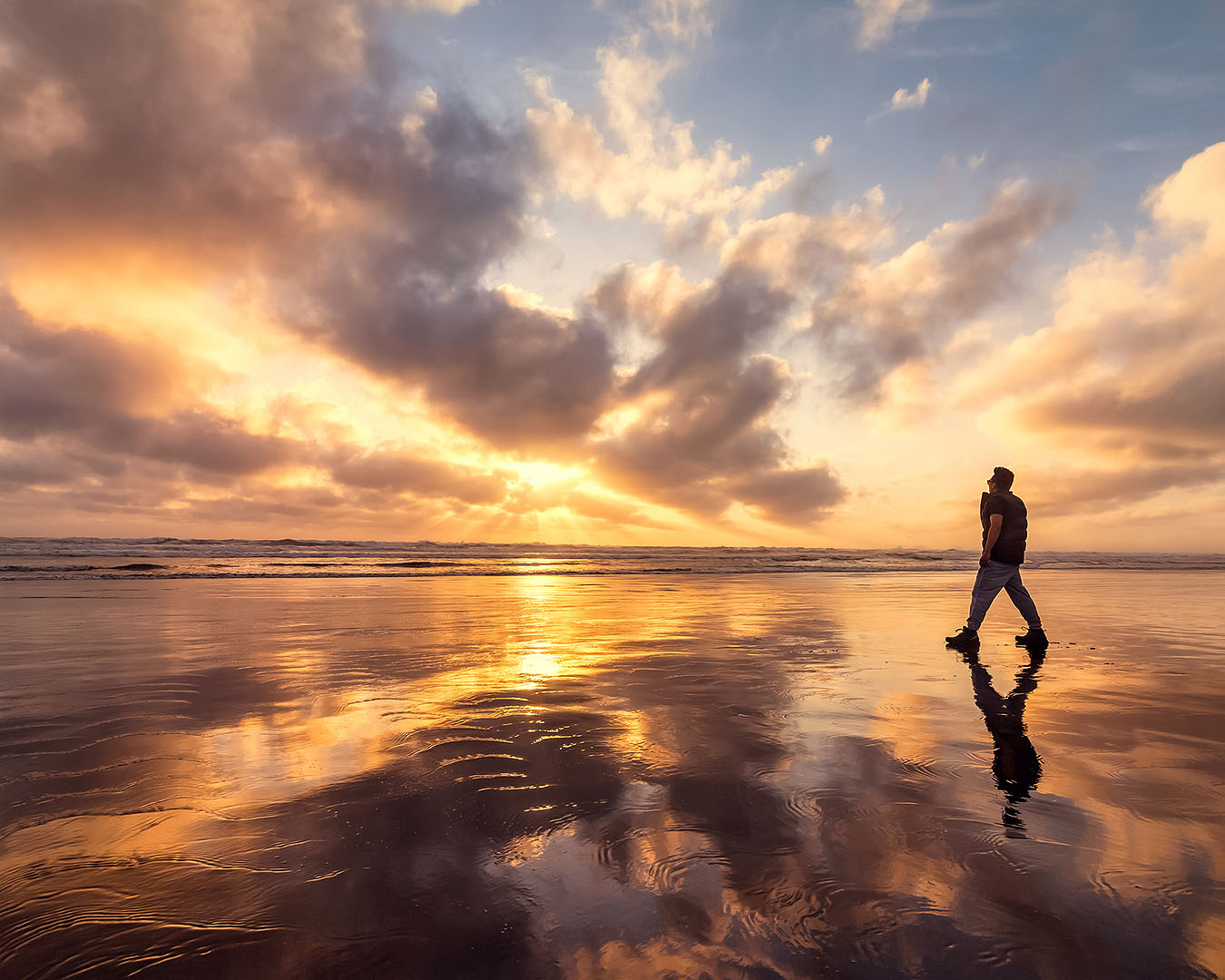 A person strolls along muriwai beach at sunset.