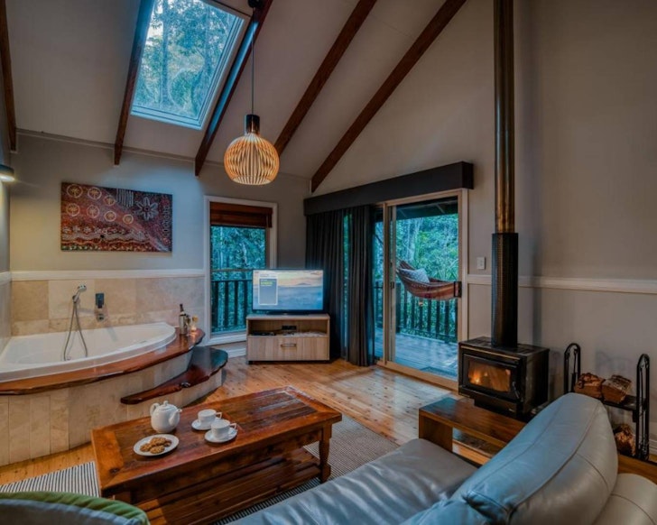 The cosy living space at Narrows Escape one of the best romantic getaways Queensland