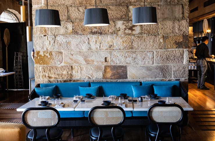 A blue velvet lounge in a restaurant