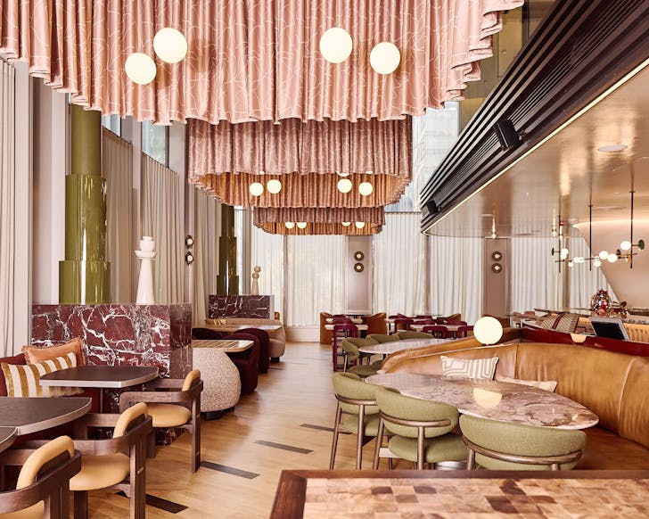 The pink hued dining room at Bar Lettera, a new restaurant in Sydney