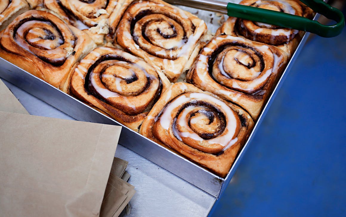 a tray of cinnamon scrolls from Little Loaf Bakery