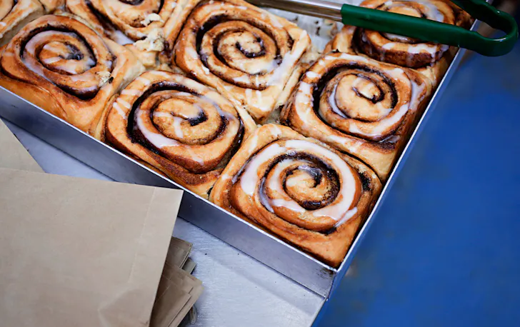 a tray of cinnamon scrolls from Little Loaf Bakery